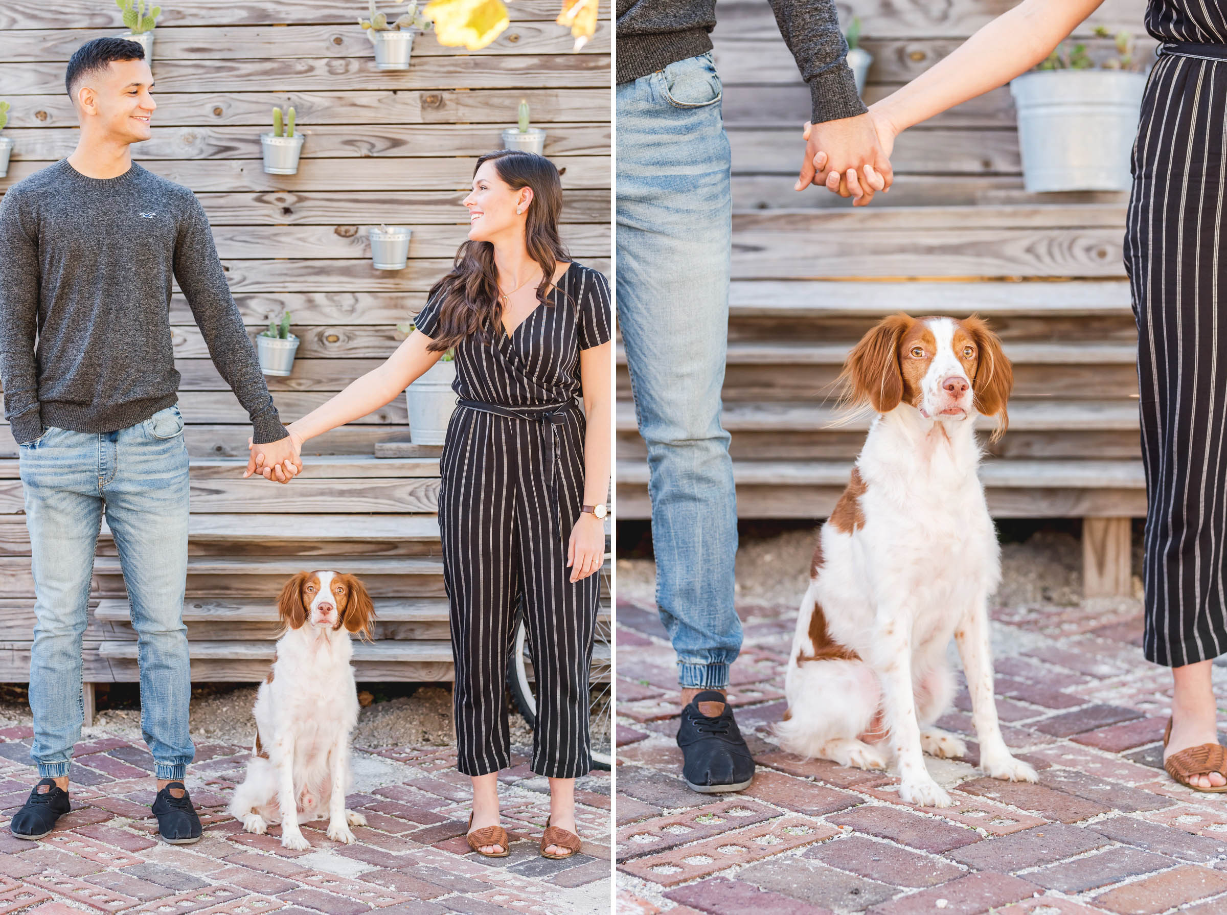 amanda and peter holding hands with dog on patio